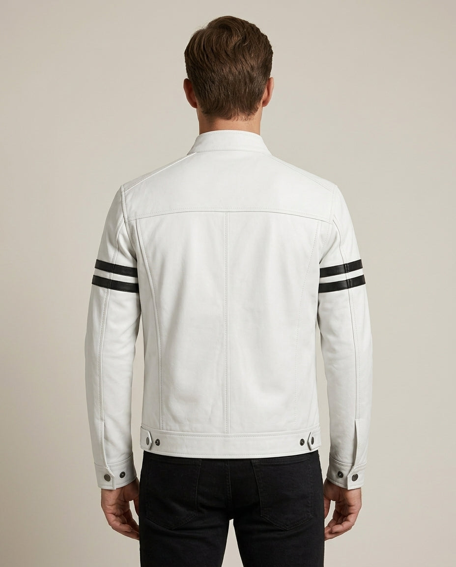 Men's White Leather Biker Jacket with Black Stripes