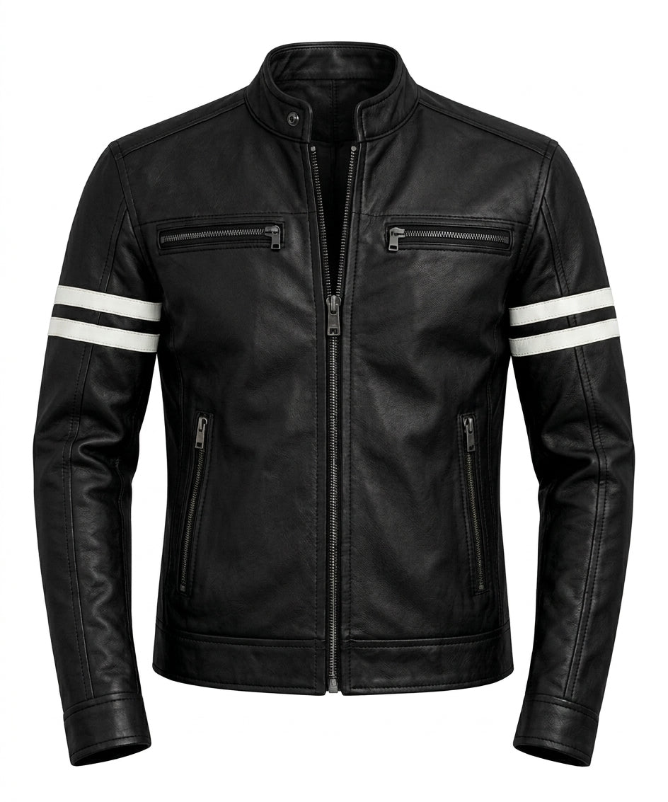 Men's White Leather Biker Jacket with Black Stripes