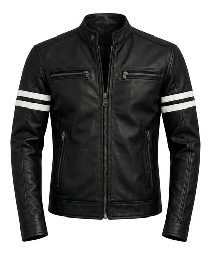 Men's White Leather Biker Jacket with Black Stripes