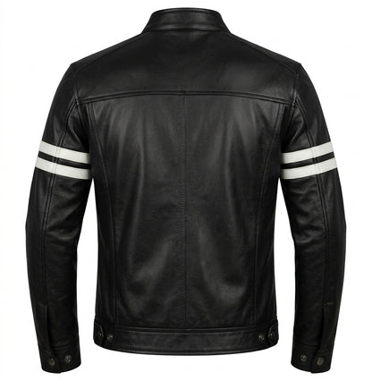 Men's White Leather Biker Jacket with Black Stripes