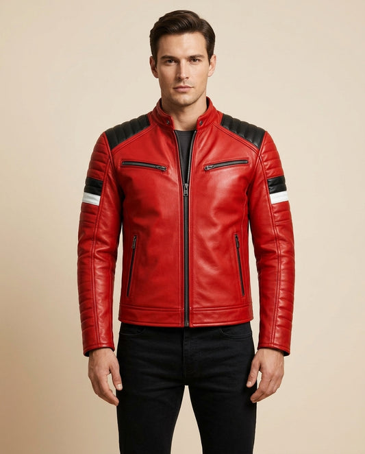 Men's Red Leather Biker Jacket with Black Shoulders