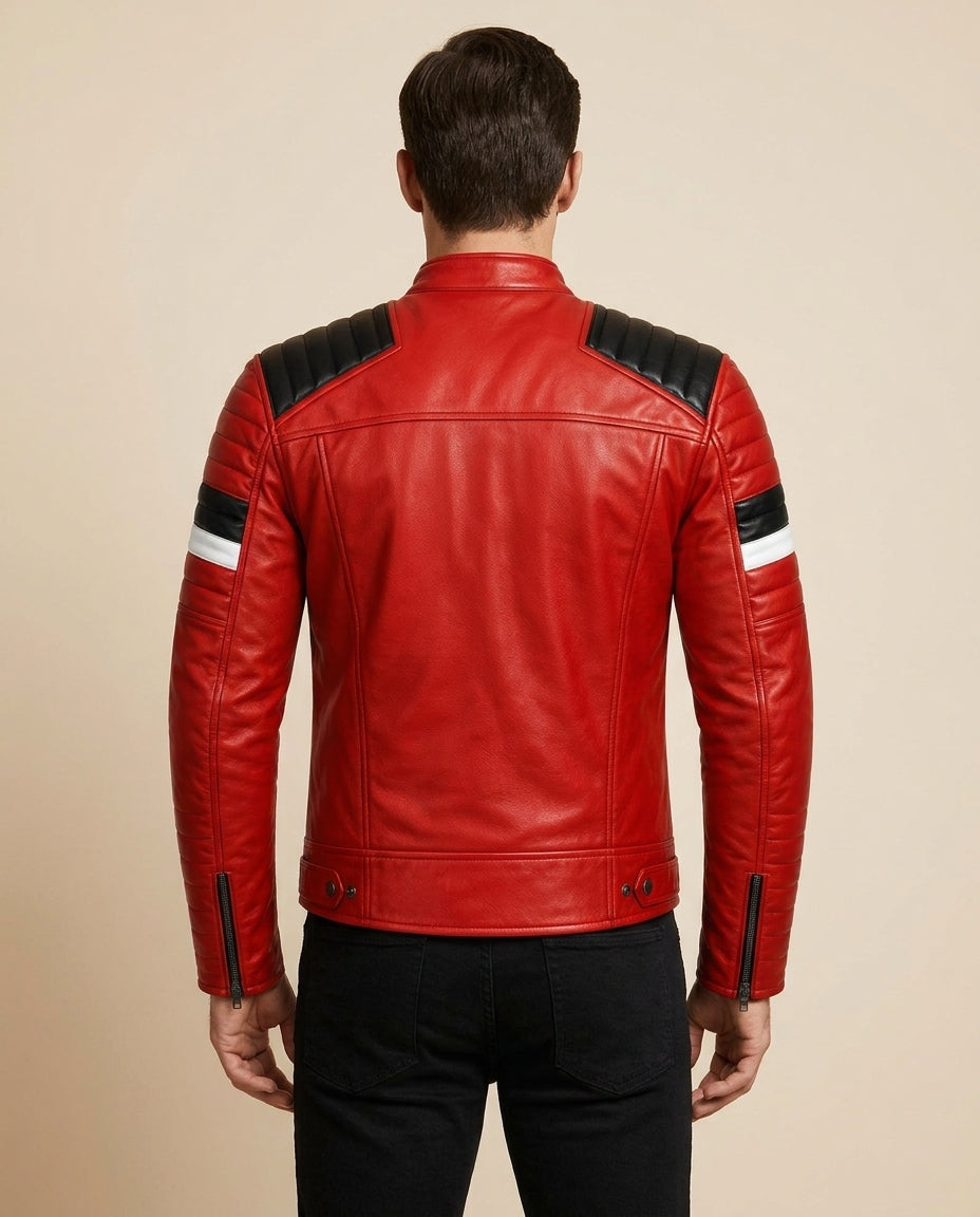 Men's Red Leather Biker Jacket with Black Shoulders