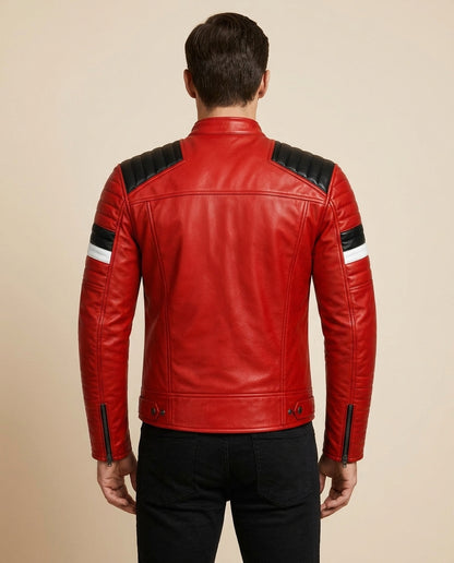 Men's Red Leather Biker Jacket with Black Shoulders