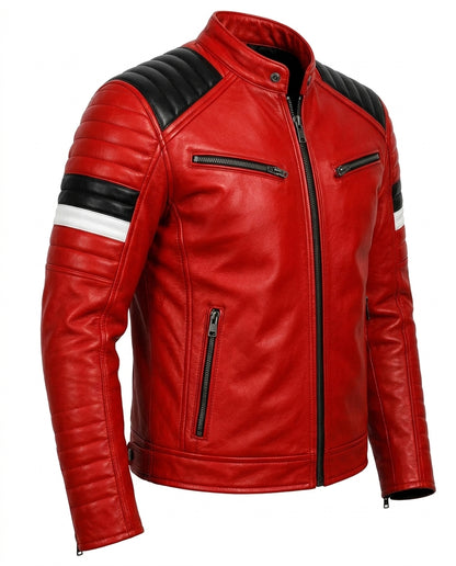 Men's Red Leather Biker Jacket with Black Shoulders