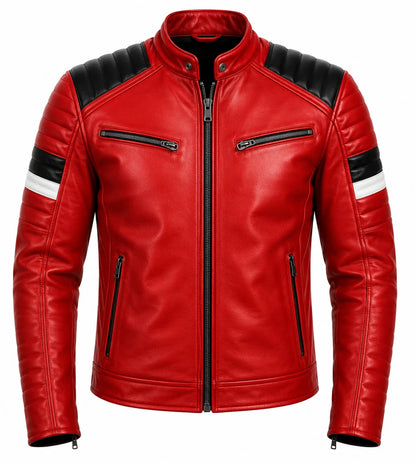 Men's Red Leather Biker Jacket with Black Shoulders