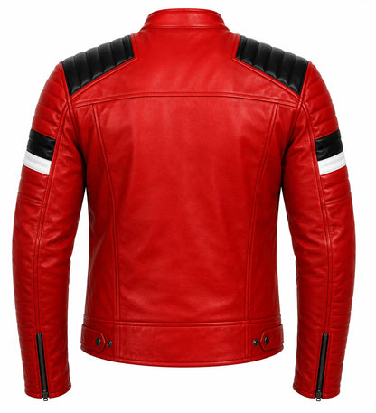 Men's Red Leather Biker Jacket with Black Shoulders