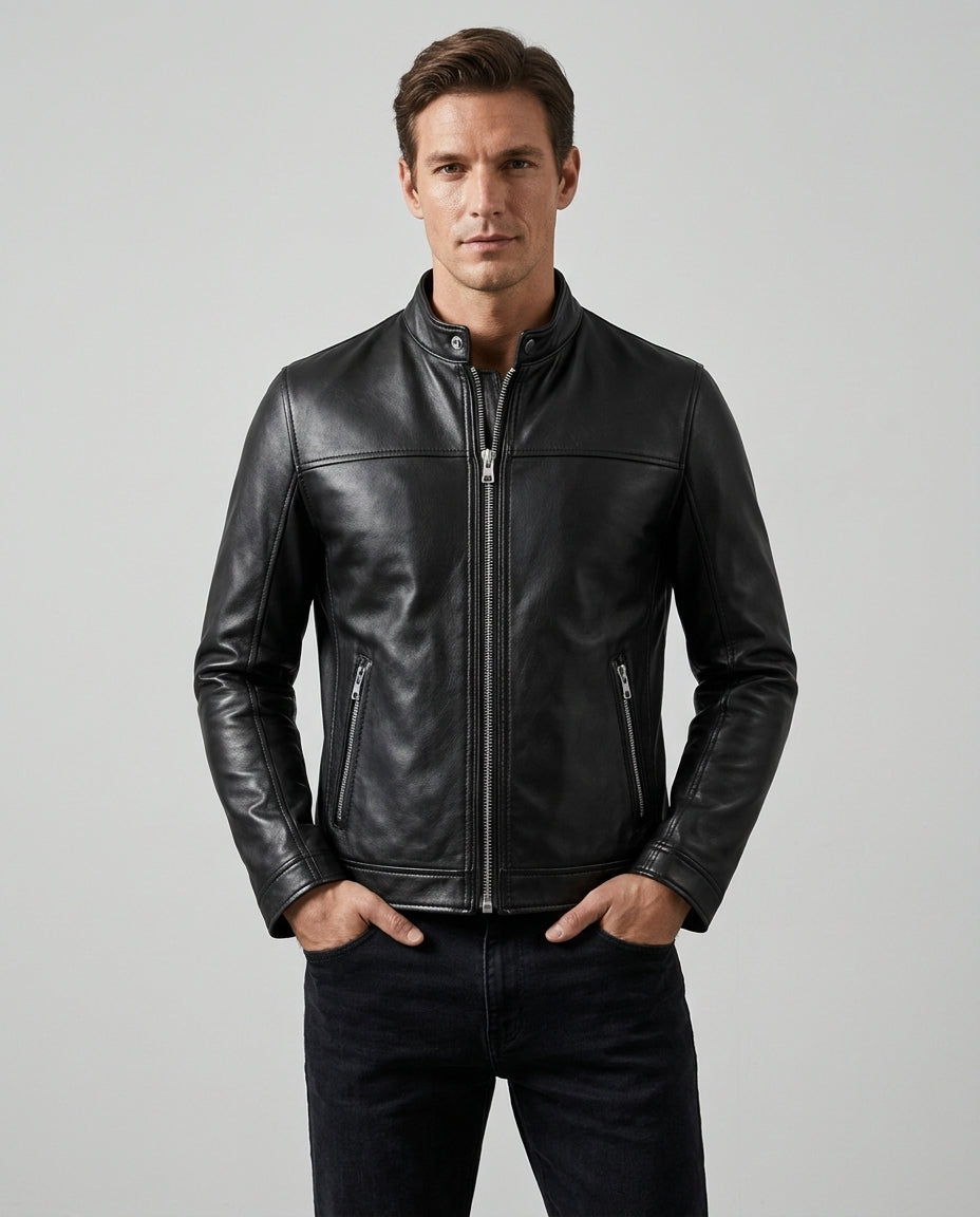 Men's Premium Black Leather Café Racer Jacket