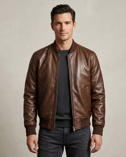 Men's Classic Leather Bomber Jacket with Ribbed Trim
