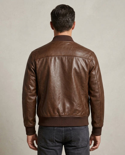 Men's Classic Leather Bomber Jacket with Ribbed Trim