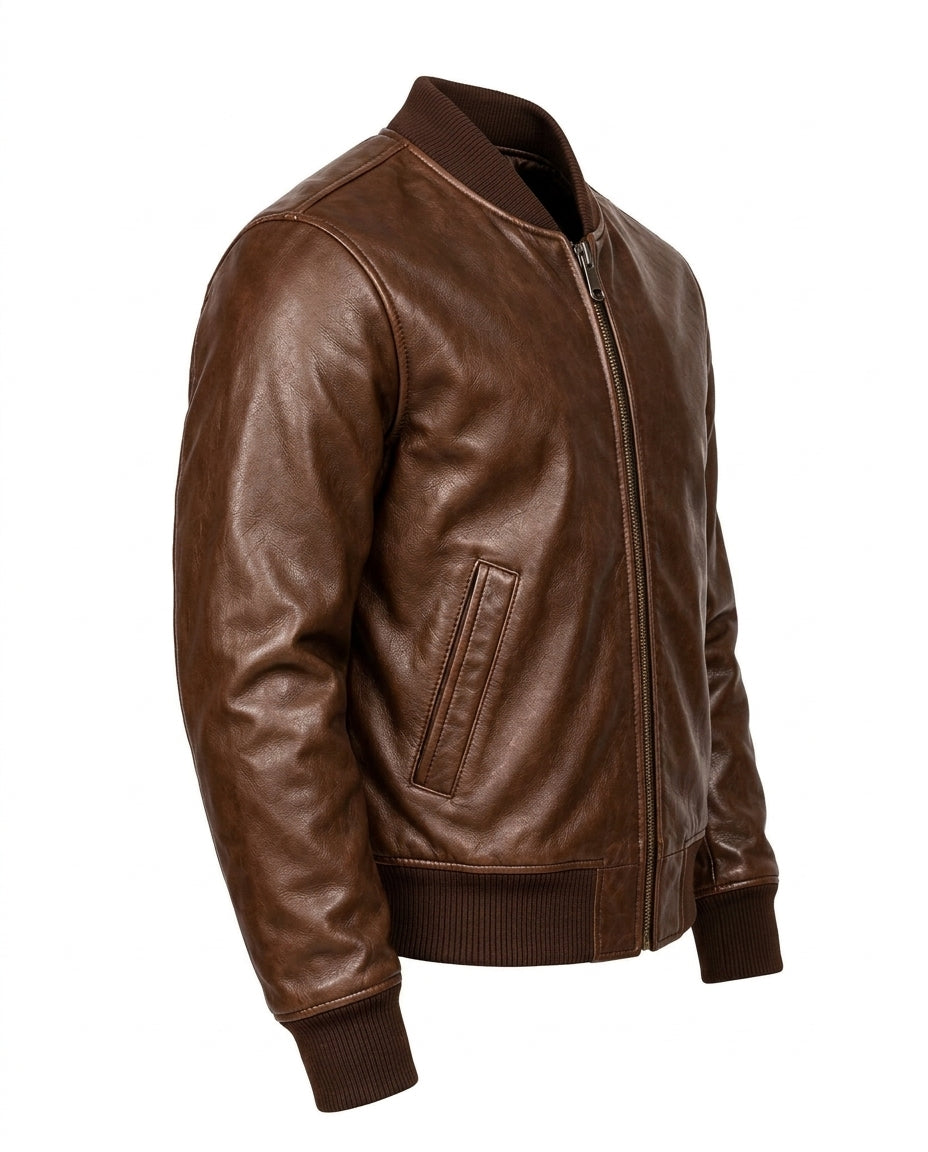 Men's Classic Leather Bomber Jacket with Ribbed Trim