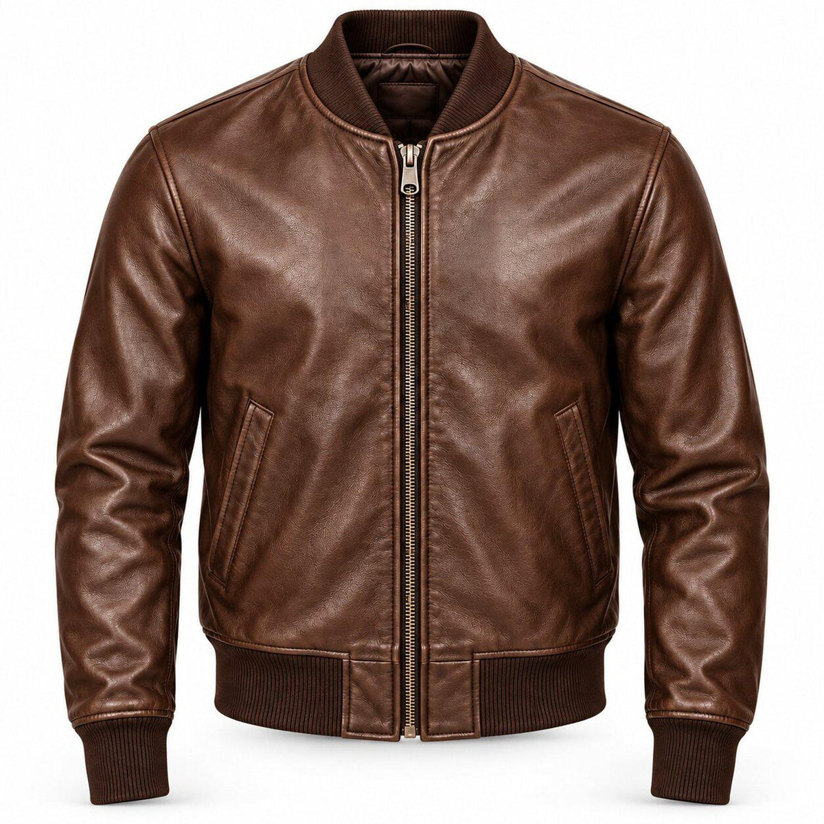 Men's Classic Leather Bomber Jacket with Ribbed Trim