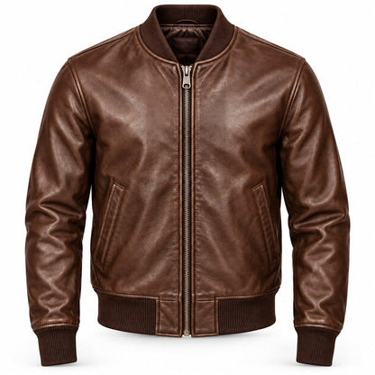Men's Classic Leather Bomber Jacket with Ribbed Trim