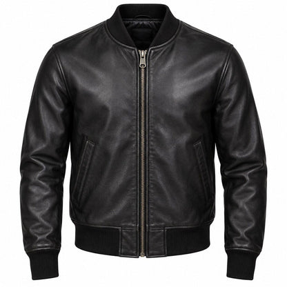 Men's Classic Leather Bomber Jacket with Ribbed Trim