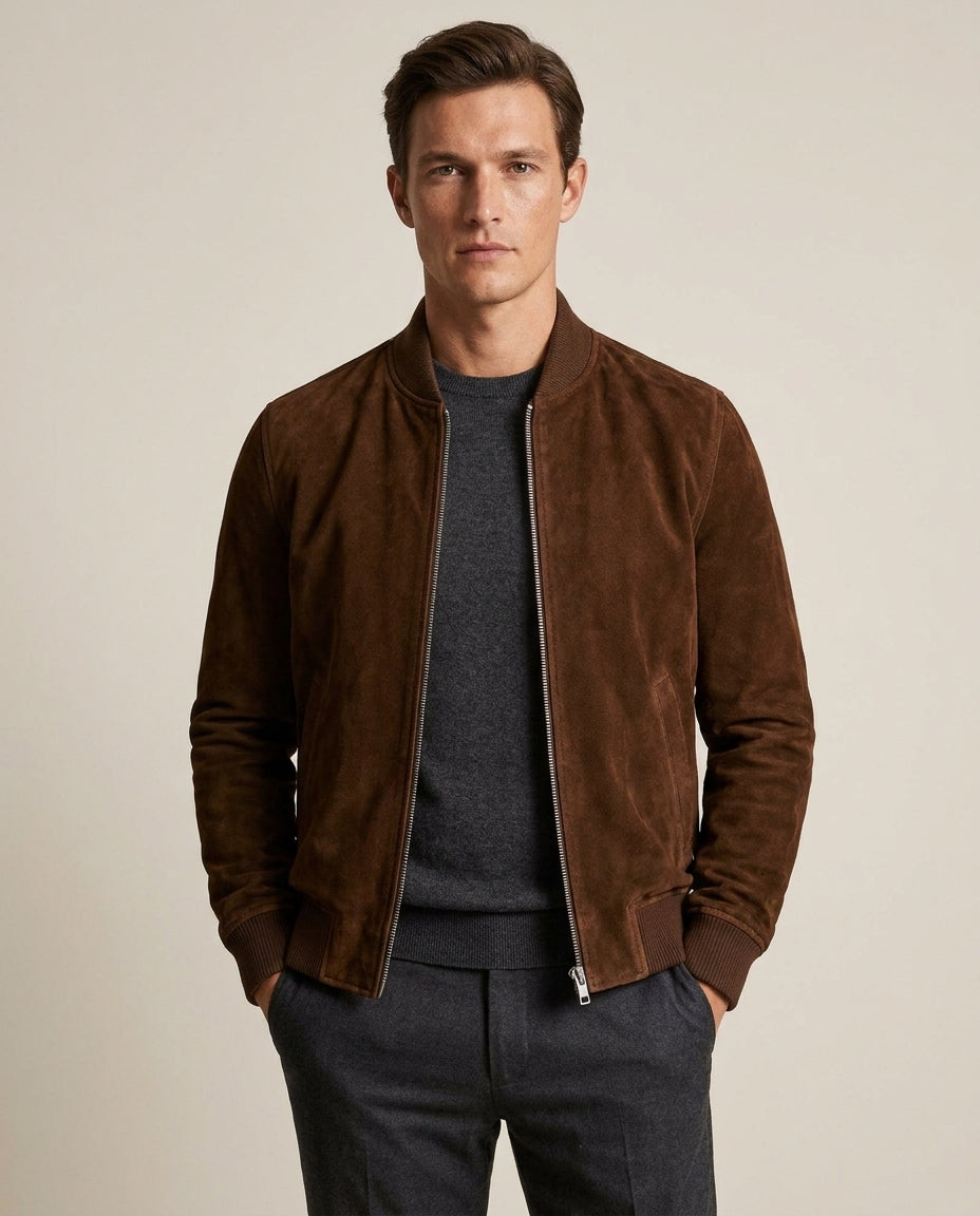 Men's  Suede Bomber Jacket with Ribbed Trim