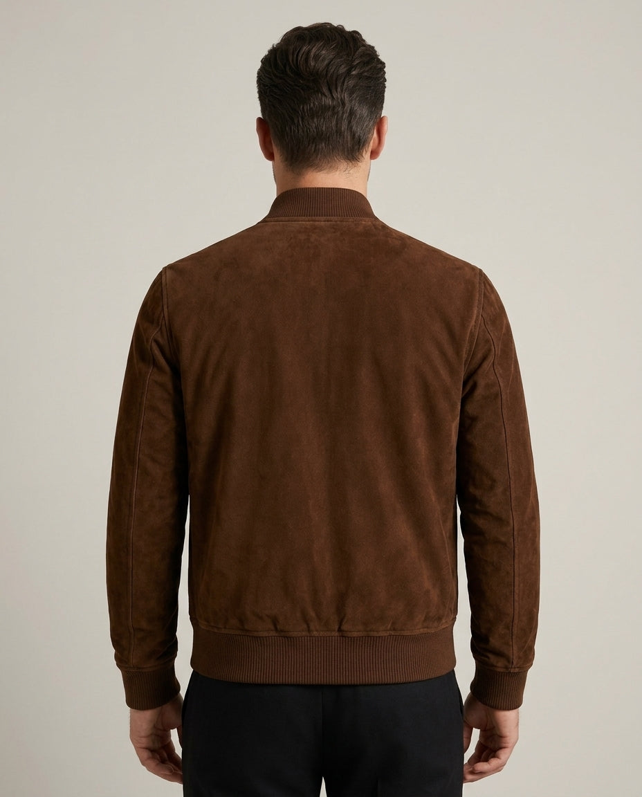 Men's  Suede Bomber Jacket with Ribbed Trim