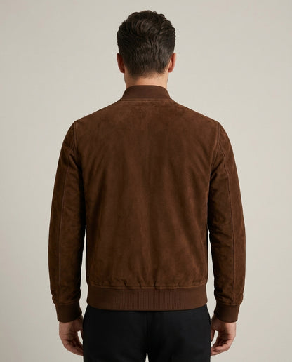 Men's  Suede Bomber Jacket with Ribbed Trim