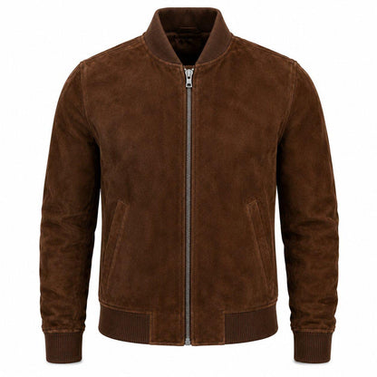 Men's  Suede Bomber Jacket with Ribbed Trim