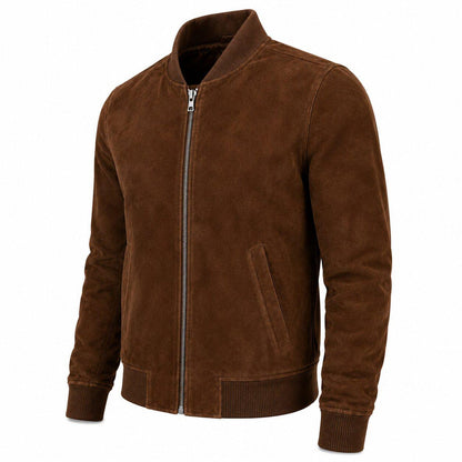 Men's  Suede Bomber Jacket with Ribbed Trim