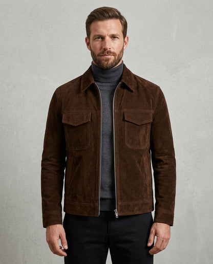 Men's Brown Suede Leather Bomber Jacket Zipper