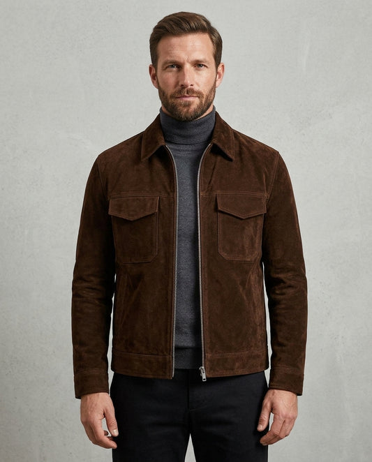 Men's Brown Suede Leather Bomber Jacket Zipper
