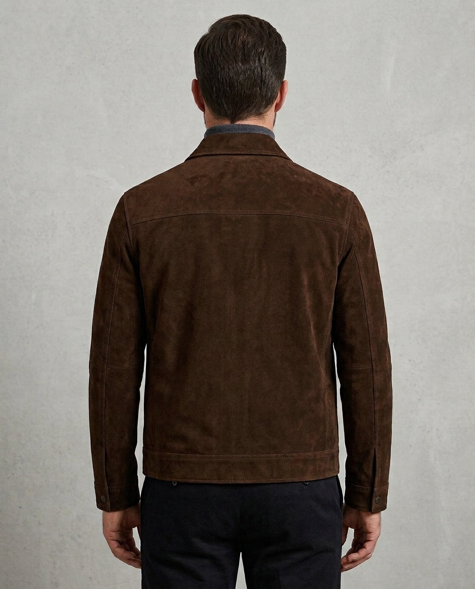 Men's Brown Suede Leather Bomber Jacket Zipper