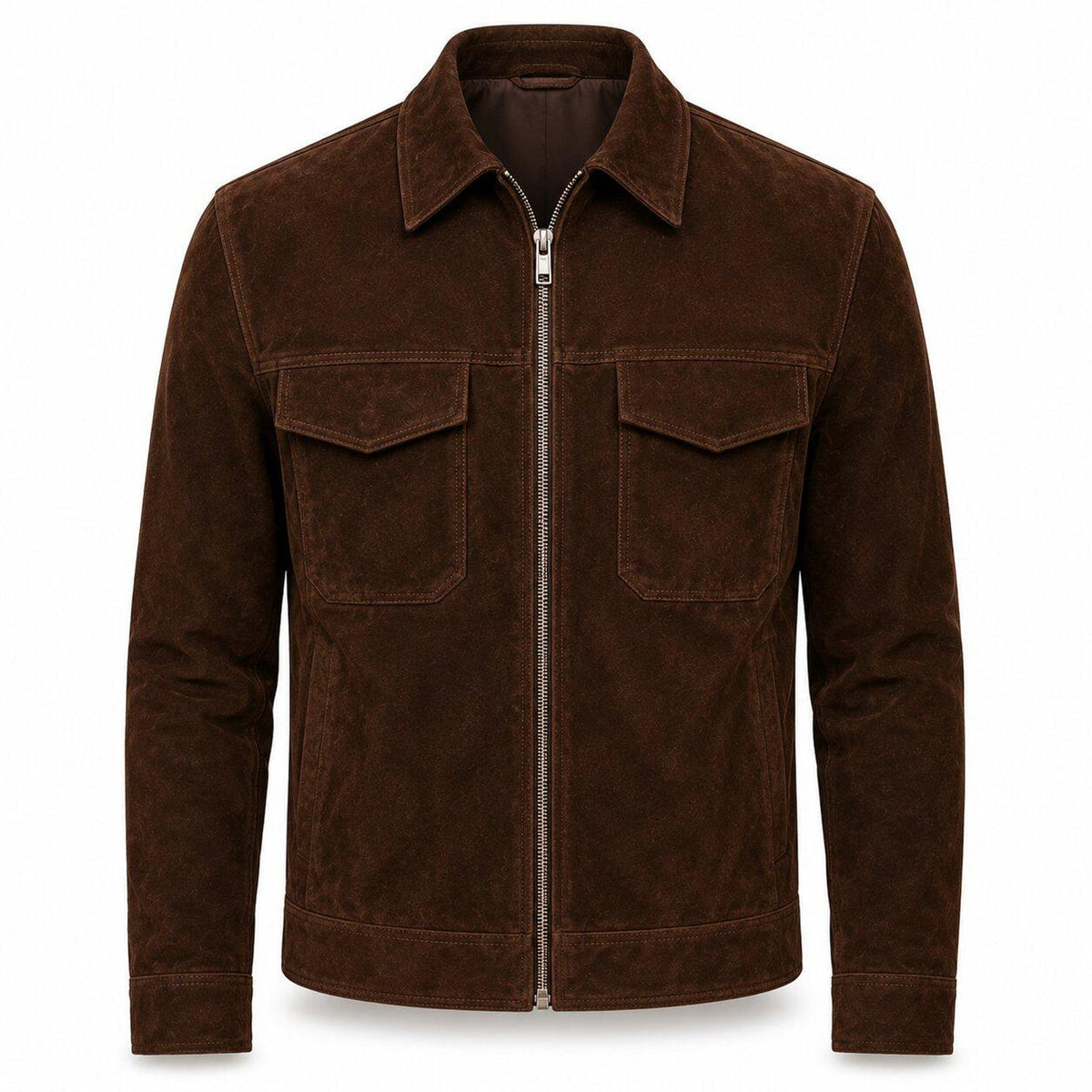 Men's Brown Suede Leather Bomber Jacket Zipper