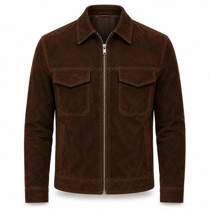 Men's Brown Suede Leather Bomber Jacket Zipper
