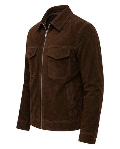 Men's Brown Suede Leather Bomber Jacket Zipper