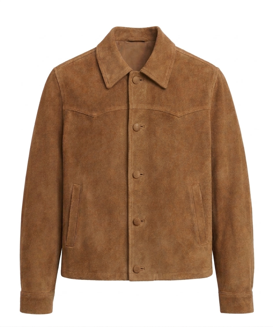 Men's Tan Suede Leather Jacket with Button Closure