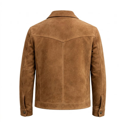 Men's Tan Suede Leather Jacket with Button Closure