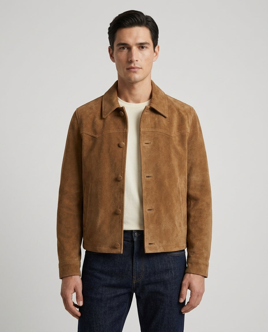 Men's Tan Suede Leather Jacket with Button Closure