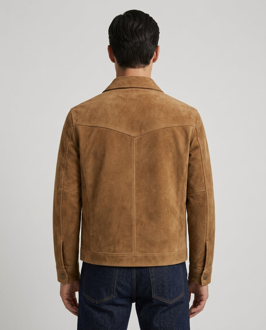 Men's Tan Suede Leather Jacket with Button Closure